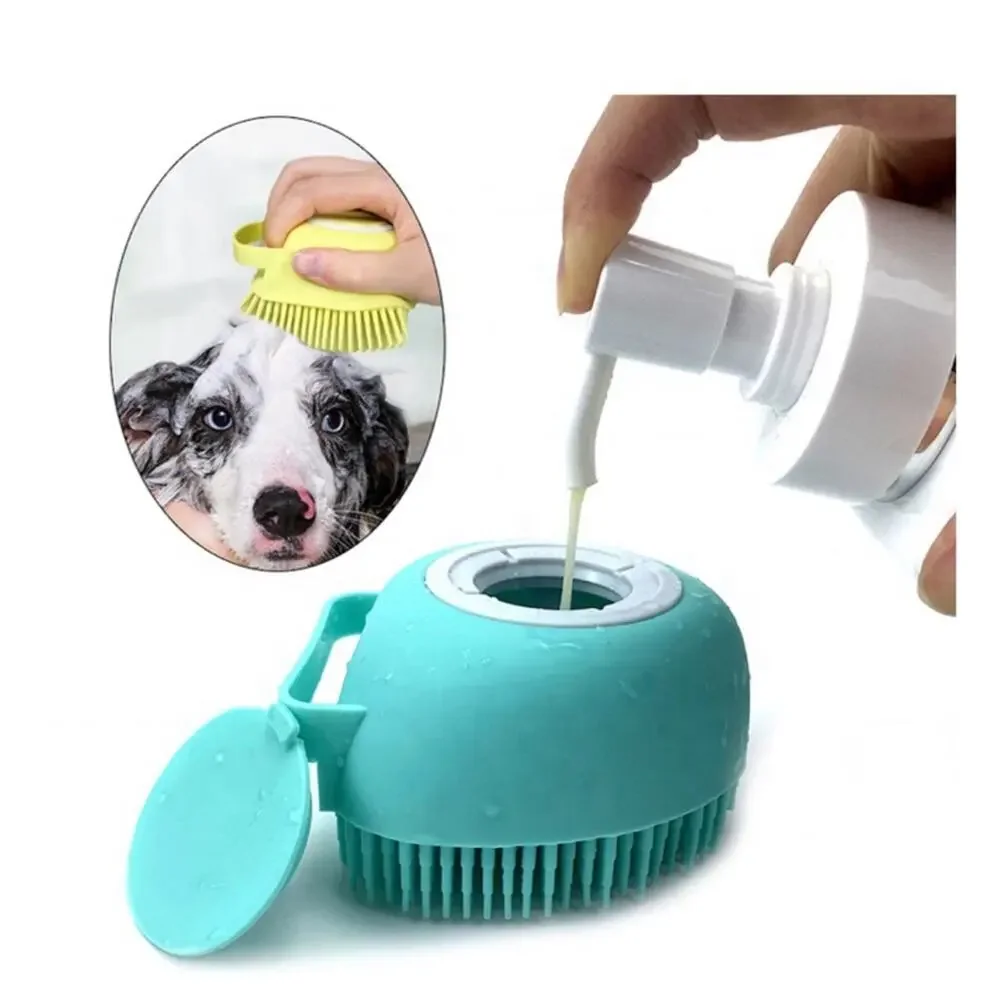 NEW pink square massaging shampoo dispenser grooming silicone dog bath brush 190